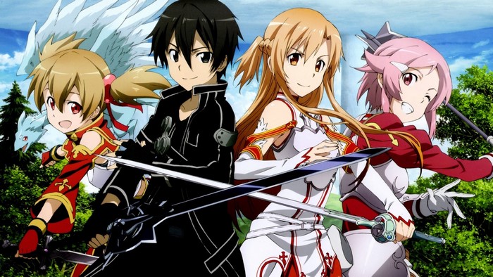 Kirito and Asuna from Sword Art Online with friends