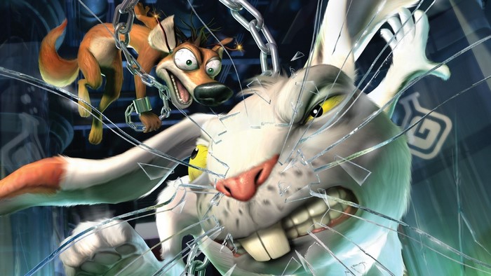 Funny cartoon fox and rabbit breaking glass