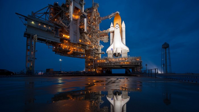 Space Shuttle on Launch Pad at Night