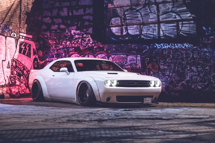 White Dodge Challenger with widebody kit