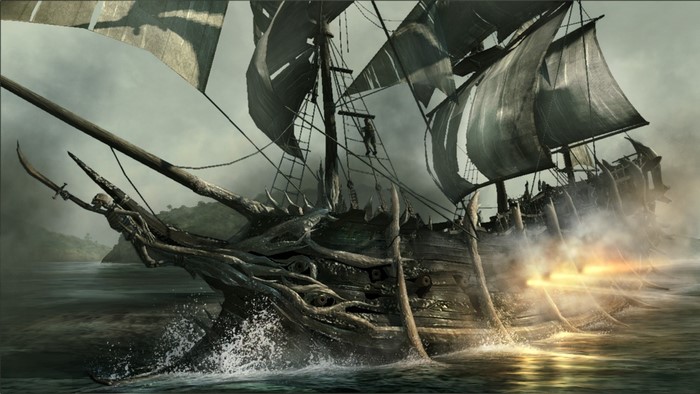 Pirate ship firing cannons in the ocean