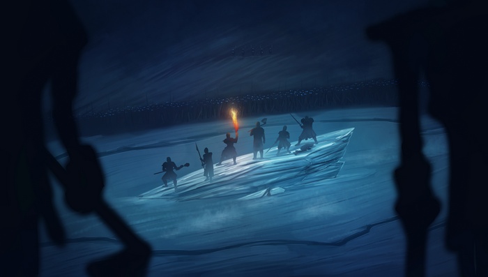 Group of warriors on ice with army in background