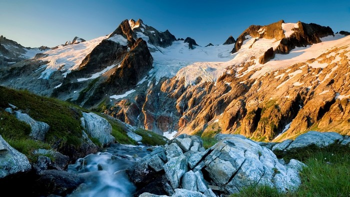 Mountain range with glacier and stream