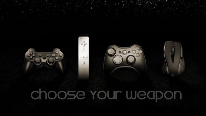 Four gaming controllers and a mouse