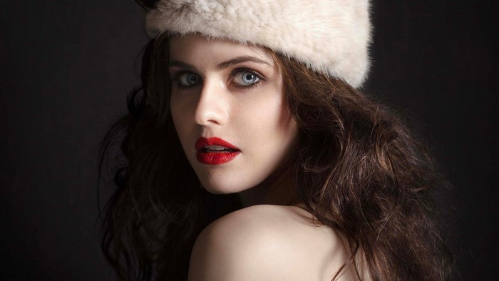 Alexandra Daddario wearing a fur hat