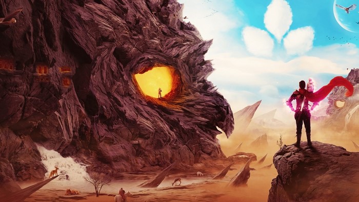 Fantasy landscape with dragon-like rock formation and figures
