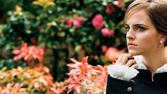 Emma Watson in Black Coat with Ruffled Collar