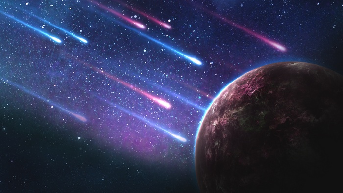 Planet and meteor shower in space