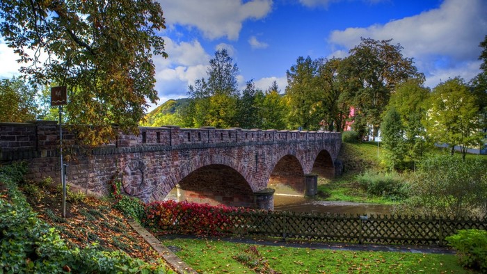 Stone bridge over a river with trees