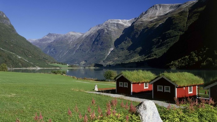 Red cabins with grass roofs by a lake in Norway