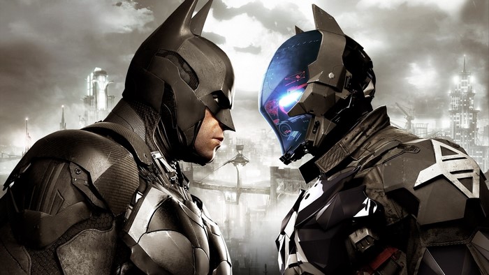 Batman from Batman: Arkham Knight facing off against Arkham Knight