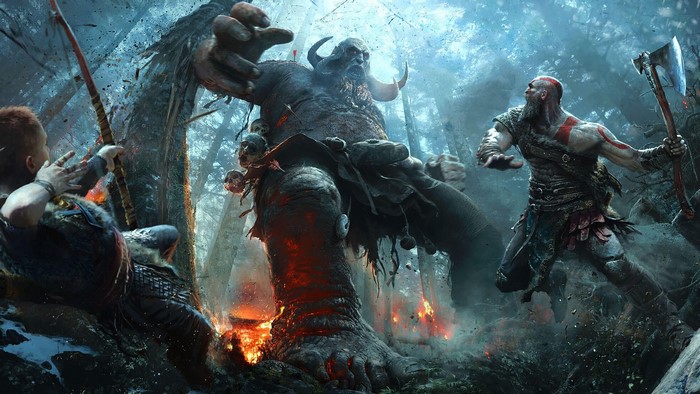 Kratos and Atreus fight a giant in God of War