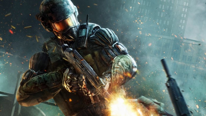Soldier in Nanosuit firing weapon in urban combat