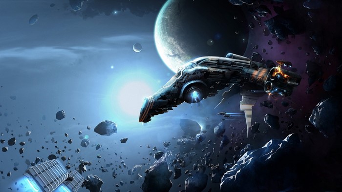Spaceship navigating an asteroid field near planets