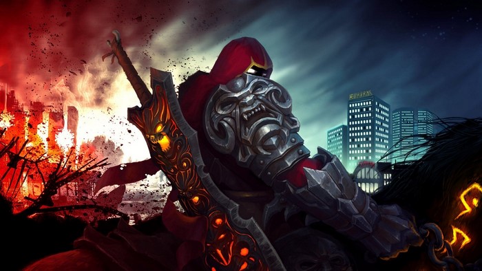 War from Darksiders holding a flaming sword