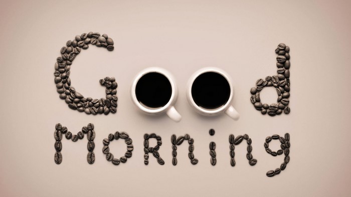 Good Morning text made of coffee beans and cups