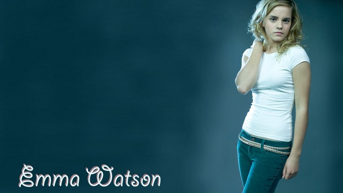 Emma Watson in white t-shirt and blue jeans