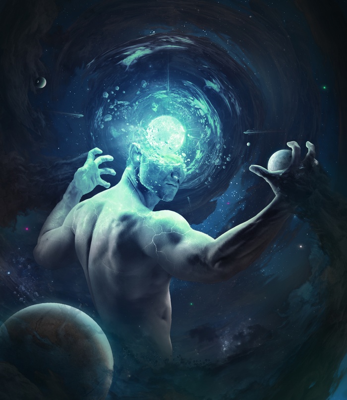 Man's head exploding with cosmic energy and planets