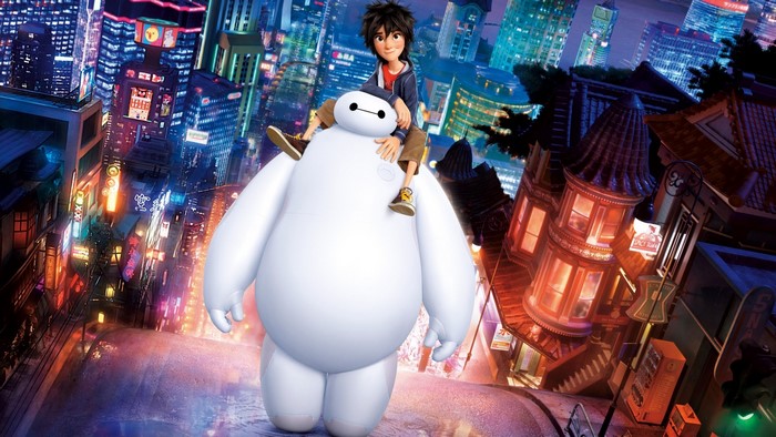 Baymax and Hiro from Big Hero 6 in San Fransokyo