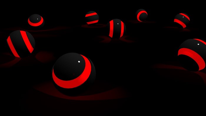 Black and red striped 3D spheres on black background