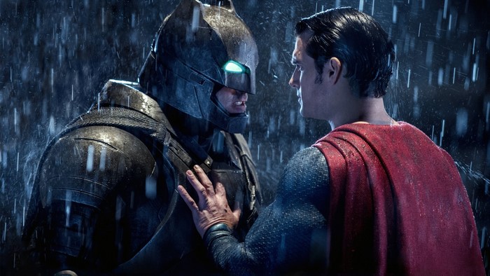 Batman and Superman face off in the rain