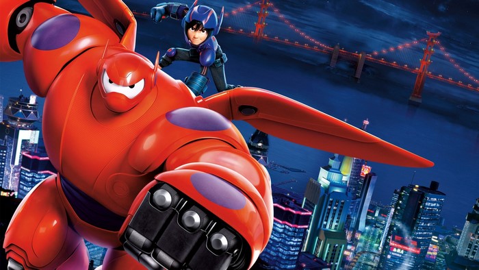 Baymax and Hiro from Big Hero 6 flying over a city