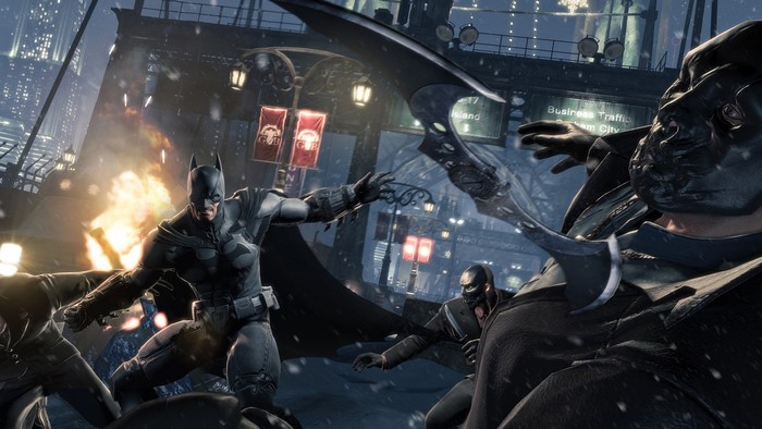 Batman fighting thugs in Gotham City