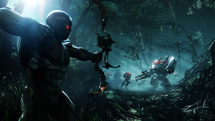 Crysis 3 Nanosuit soldier with bow and mech enemies