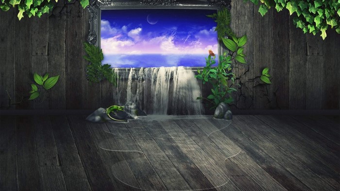 Waterfall through a framed window on a wooden wall