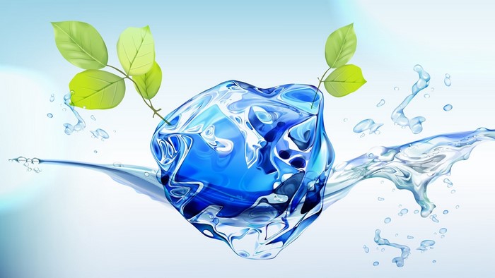 3D Blue Ice Cube with Green Leaves and Water Splashes