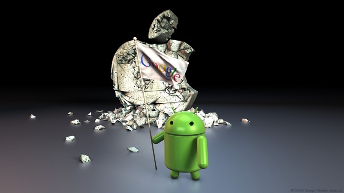 Android mascot with Google flag in front of broken Apple logo