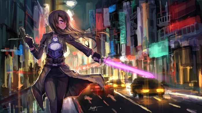 Asuna Yuuki from Sword Art Online with a sword and gun