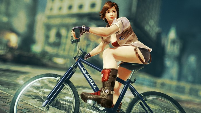 Asuka from Tekken 7 riding a bicycle