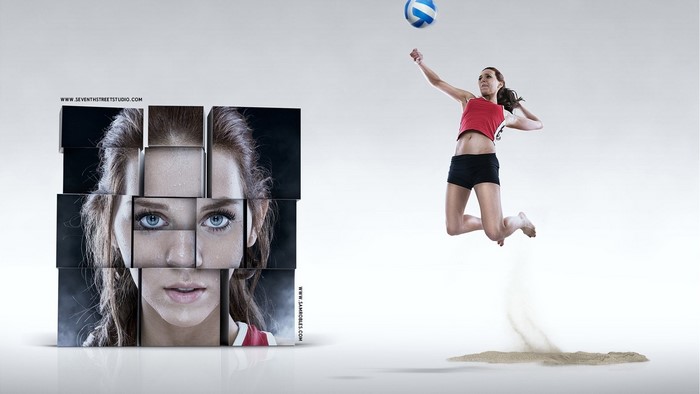 Woman playing volleyball, face composed of cubes