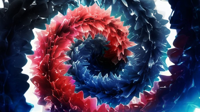 Abstract spiral of red and blue spiky forms