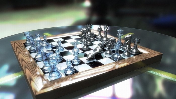 3D glass chess set on a table