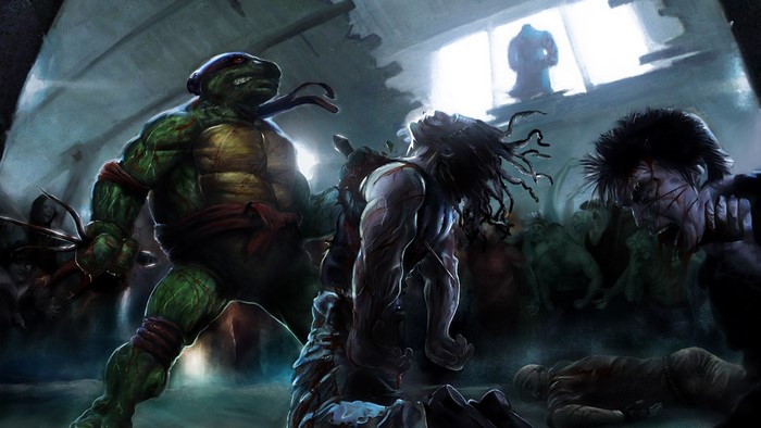 Raphael from Teenage Mutant Ninja Turtles fighting zombies