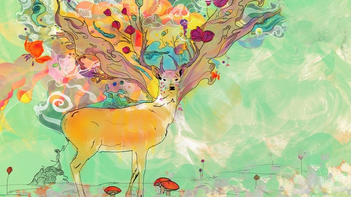Deer with floral antlers on a green background