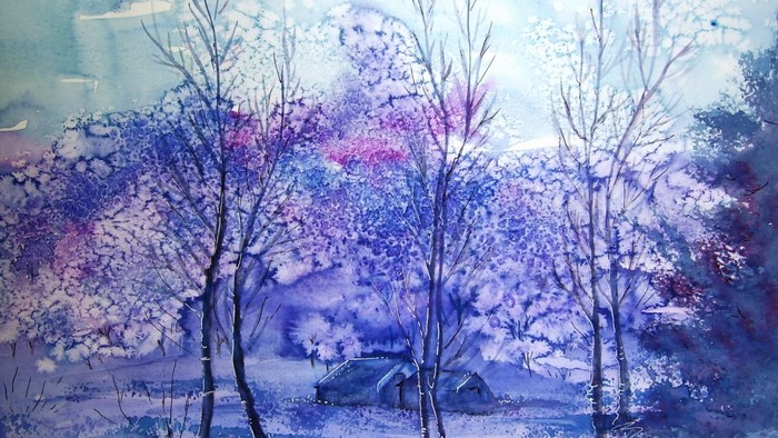 Watercolor painting of a winter landscape with trees and houses