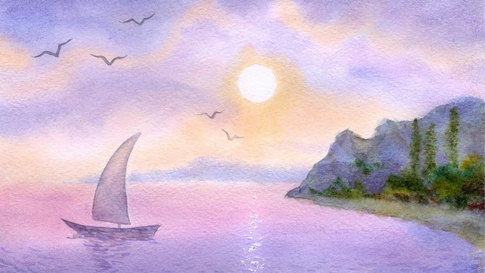 Watercolor painting of a sailboat at sunset