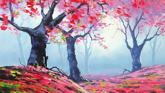 Painting of trees with pink blossoms