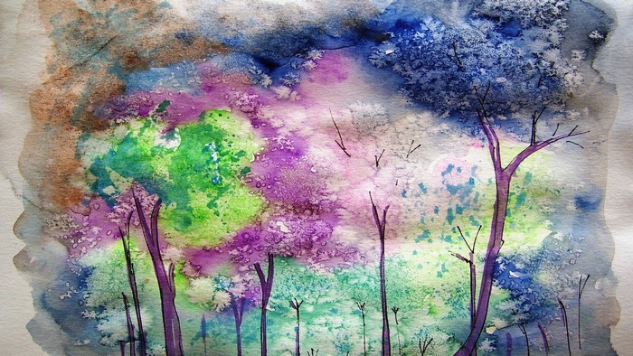 Watercolor painting of trees with salt texture