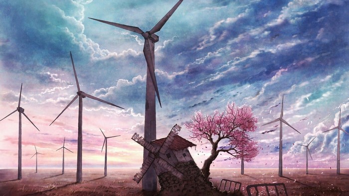 Windmills and a cherry blossom tree at sunset