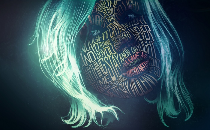 Woman face made of typography with glowing hair 4K
