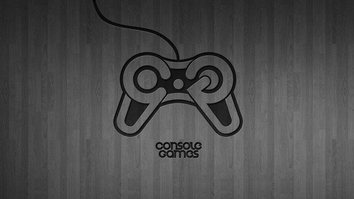 Minimalist video game controller logo on wood texture