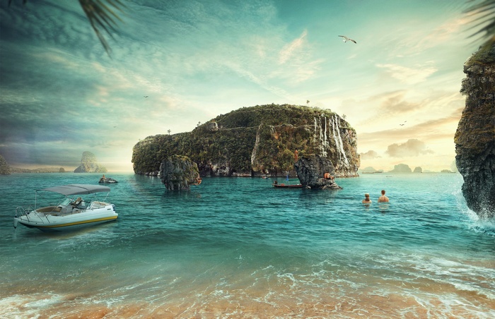 Boat and people swimming near tropical islands