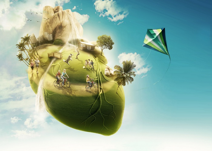 Heart shaped island with people living healthy lives 4K