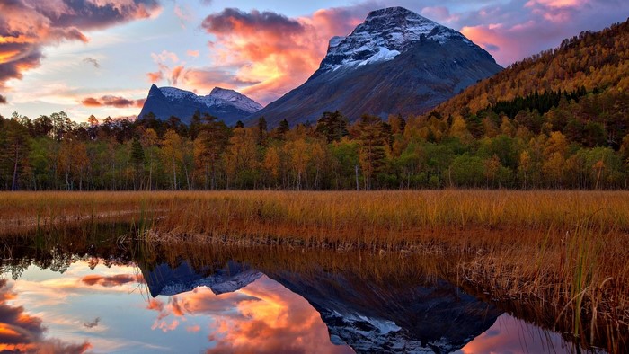 Mountain Landscape with Autumn Forest and Lake Reflection