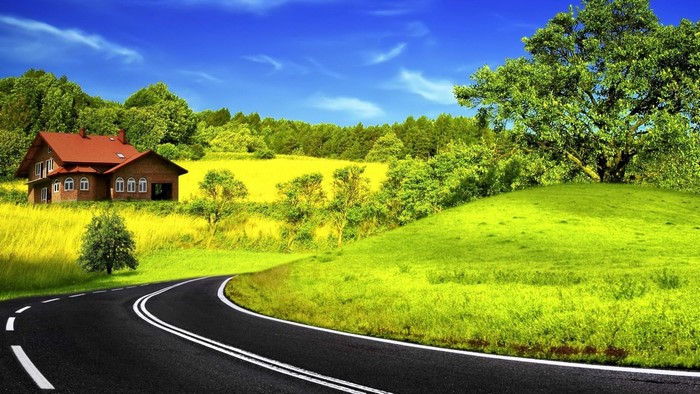 Rural road leading to a house in a green landscape