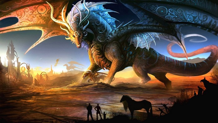 A majestic dragon in a fantasy landscape